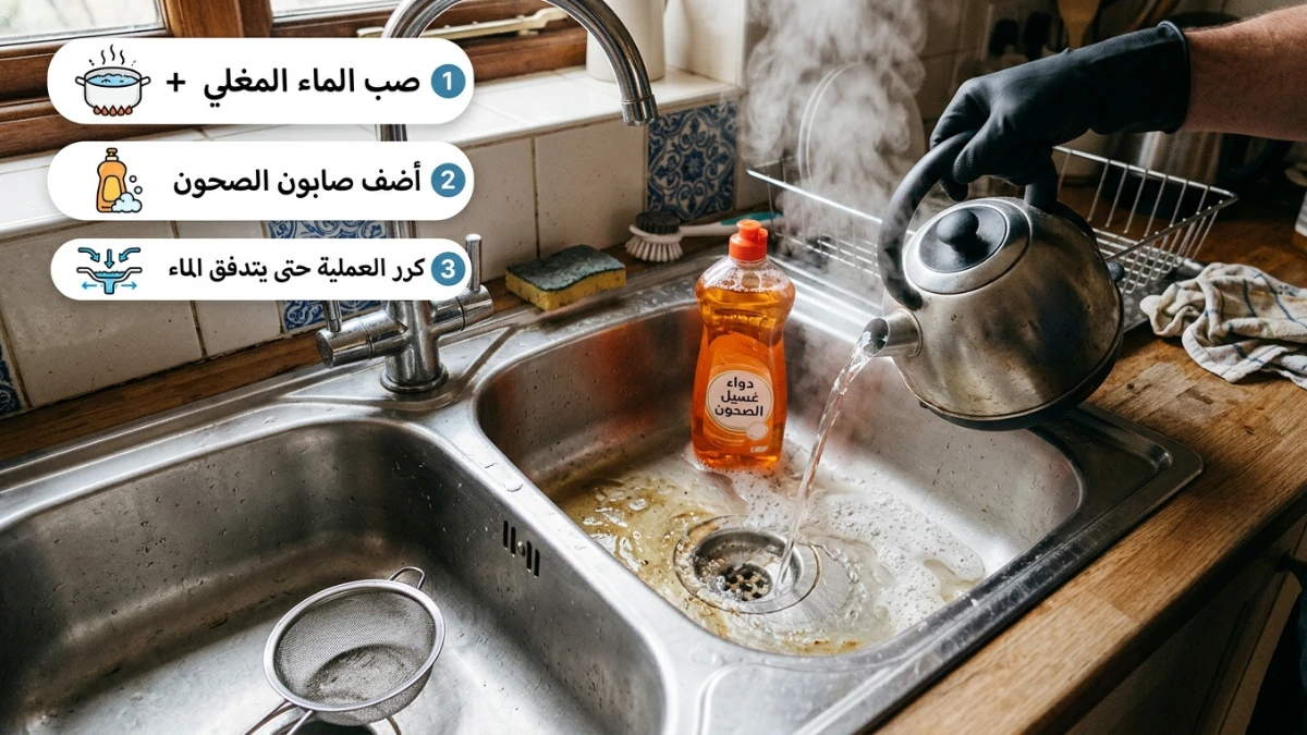  استخدام الماء الساخن والصابون للتسليك