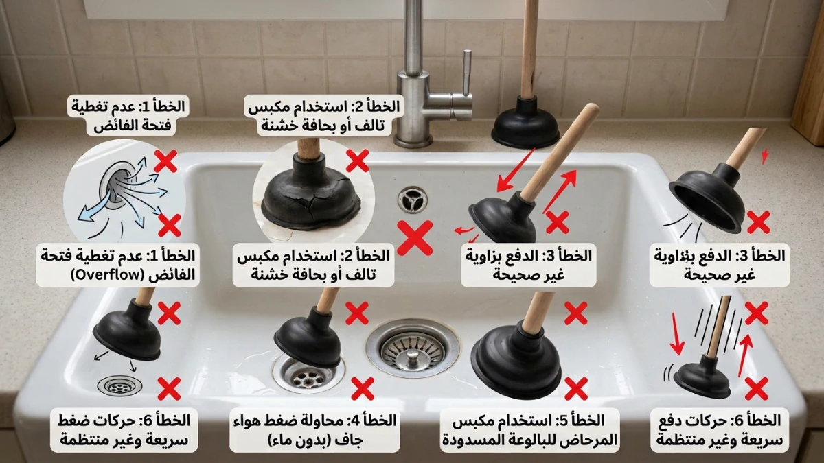 الأخطاء الشائعة عند استخدام المكبس لتسليك الحوض